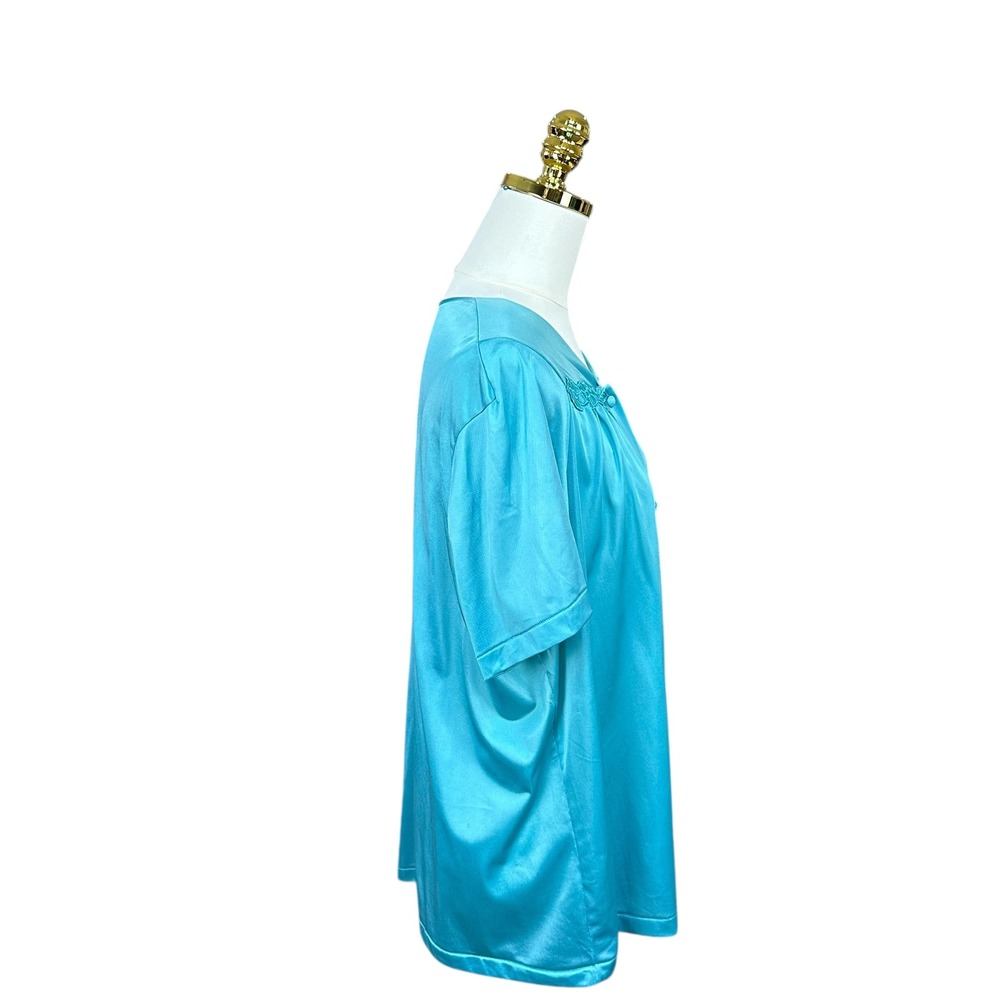Vanity Fair Turquoise Blue Embroidered Silky Nylon Bed Jacket Short Sleeve L - Picture 3 of 6